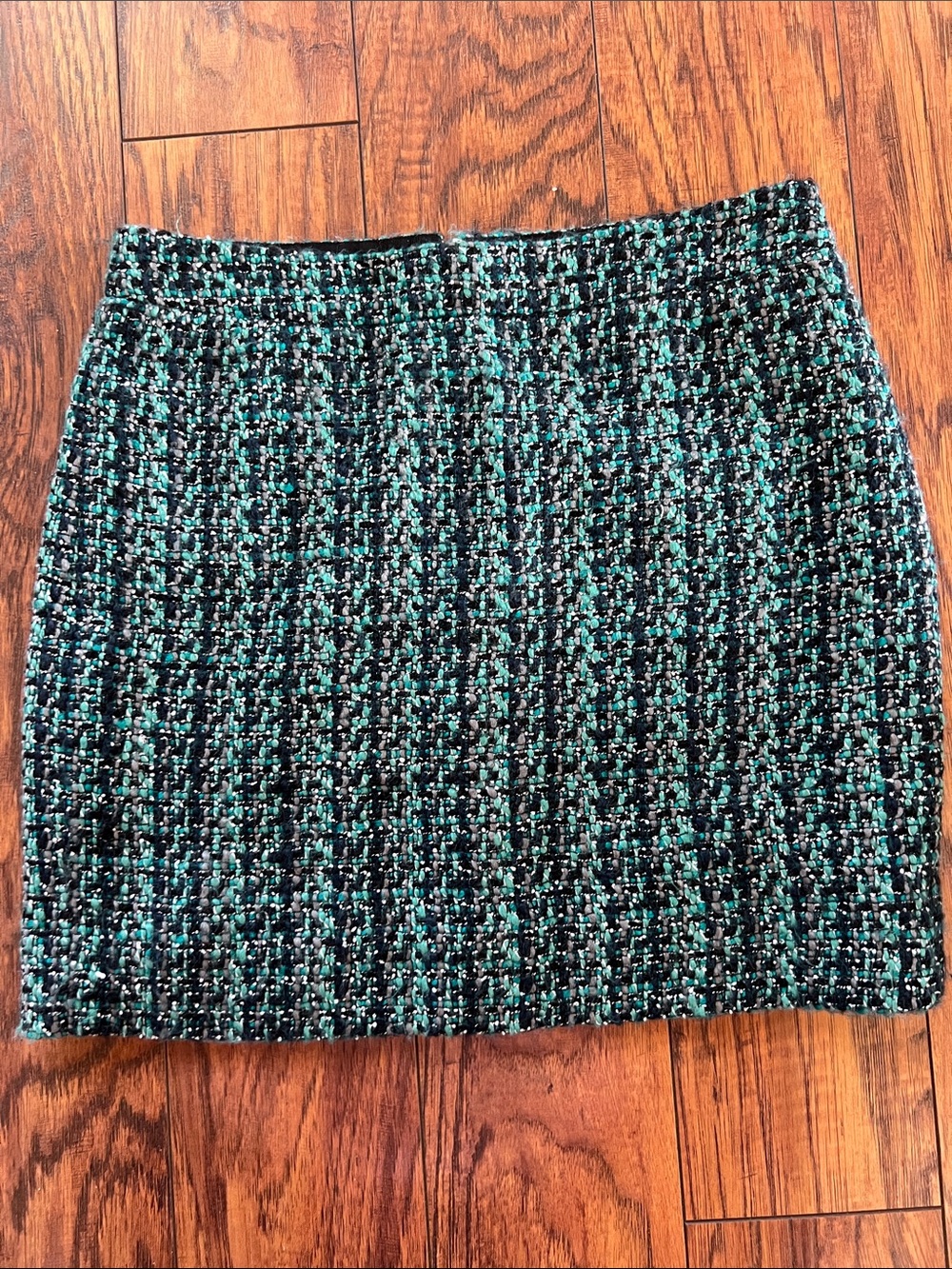 J.Crew Tweed Mini Skirt Green Teal Boucle Wool BlendDark Academia Shimmer Sz 0